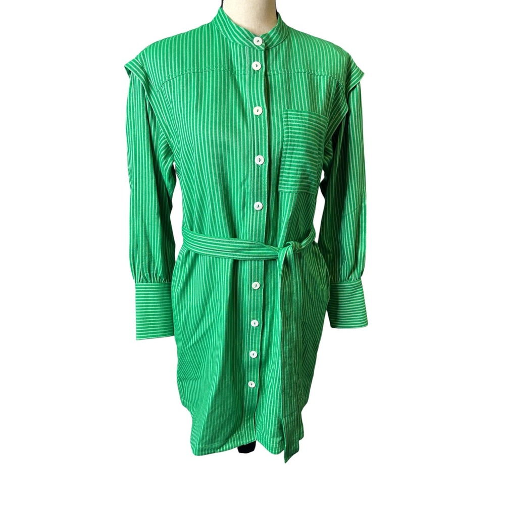 FRNCH Paris Sonia Dress Green White Striped Button Down Mini Shirt Belted New